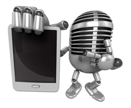 3D Classic Microphone Mascot the right hand is holding a tablet PC. 3D Classic Microphone Robot Character Series.の写真素材