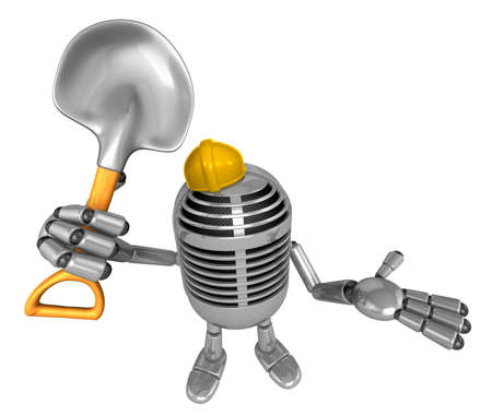3D Classic Microphone Mascot the hand is holding a shovel. 3D Classic Microphone Robot Character Series.の写真素材
