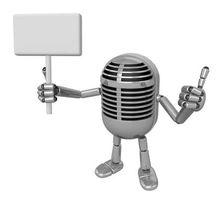 3D Classic Microphone Mascot the right hand best gesture and left hand is holding a picket. 3D Classic Microphone Robot Character Series.の写真素材
