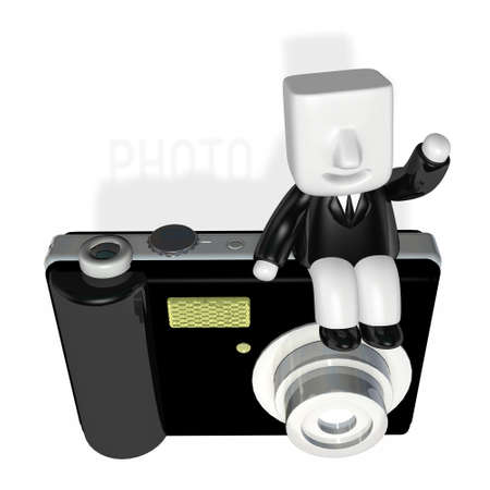 3d business man sitting on the black big cameraの写真素材