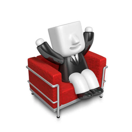 3D Businessman is sitting on an armchair. 3D Square Man Series.の写真素材