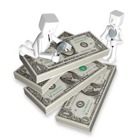 two 3d business man together observing with magnifiers