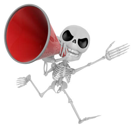 3D Skeleton Mascot the hand is holding a loudspeaker. 3D Skull Character Design Series.の写真素材