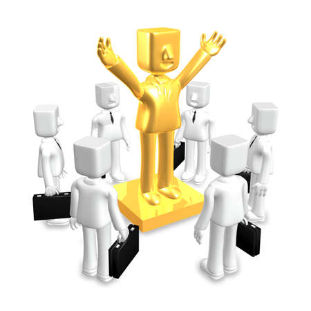 standing 3d gold man statue around mans with briefcaseの写真素材