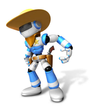 3D blue Robot Sheriff is taking pose a gunfight. Create 3D Humanoid Robot Series.の写真素材