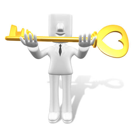 3d business man showing up the gold key on his handの写真素材