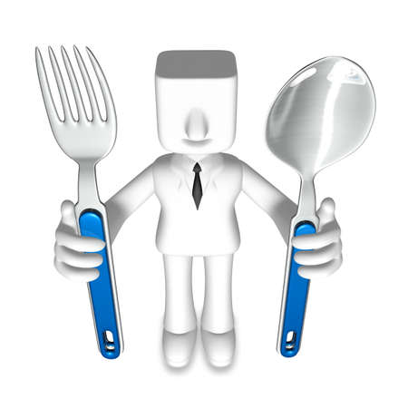 one 3d business man gripping with fork and spoonの写真素材