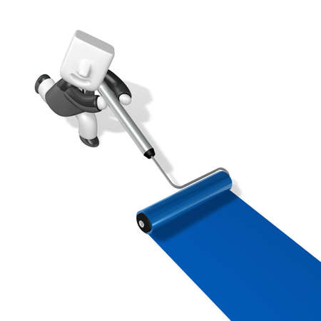 3d business man painting on the white wall with rollerの写真素材