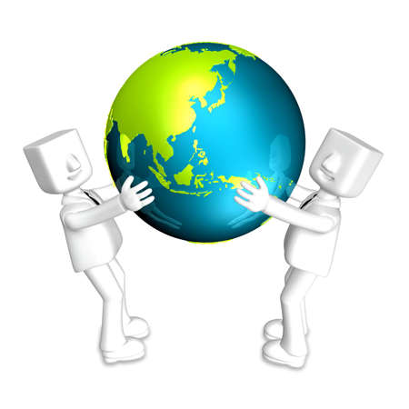 two 3d business mans holding up a big globe togetherの写真素材