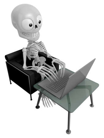 3D Skeleton Mascot Sitting on the couch working on a laptop. 3D Skull Character Design Series.の写真素材
