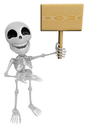 3D Skeleton Mascot the right hand guides and the left hands are holding a picket. 3D Skull Character Design Series.の写真素材