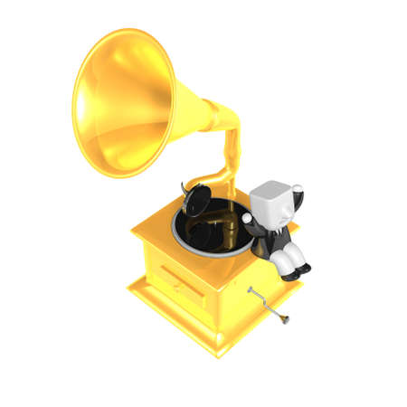3D Business man Mascot and old record player. 3D Square Man Series.の写真素材