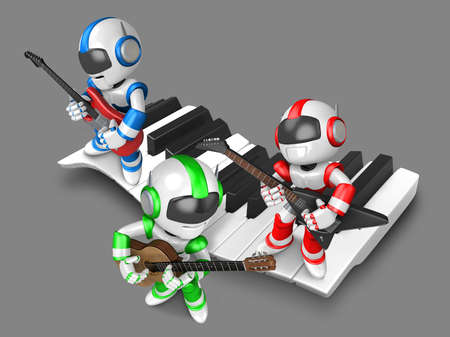 Playing the guitar is a blue robot with red robot and green robot. 3D Robot Character Design