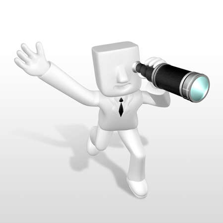 3d business man observing from the black big telescopeの写真素材