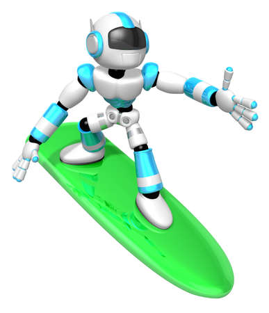 3D Cyan robot is riding a surf board to the Right. Create 3D Humanoid Robot Series.の写真素材