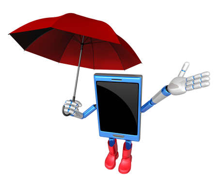 3D Smartphone Mascot is an umbrella in taking shelter from the rain. 3D Mobile Phone Character Design Series.の写真素材