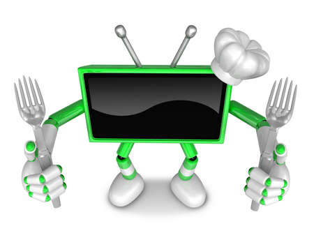 Green TV Character Chef in both hands to hold a fork. Create 3D Television Robot Series.
