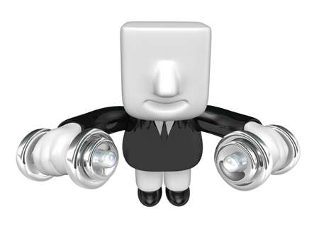 3d man holding his metal small dumbbell. 3D Square Man Series.の写真素材