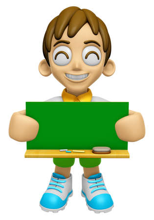 3D Child Mascot holding a big board with both Green chalkboard. Work and Job Character Design Series 2.の写真素材