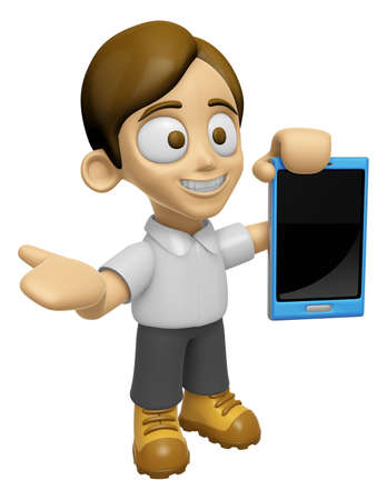 3D Man Mascot the right hand guides and the left hand is holding a Smart Phone. Work and Job Character Design Series 2.の写真素材
