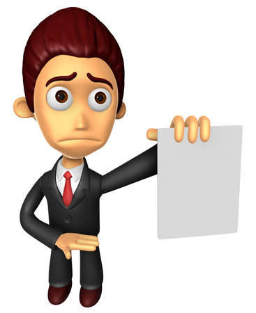 3D Business man mascot Anxious look holding a paper document. Work and Job Character Design Series.の写真素材
