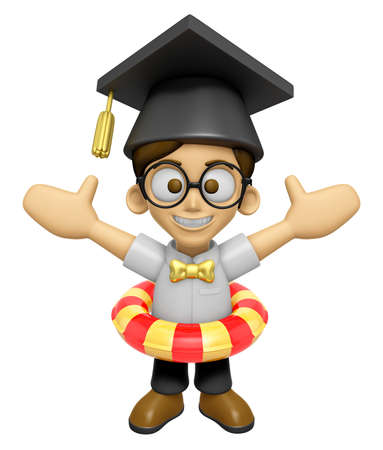 3D Scholar Man Mascot is played in the pool on a tube. Work and Job Character Design Series 2.の写真素材