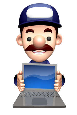 3D Repair Person Character is holding a Laptop.の写真素材