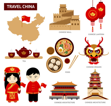 Travel to China. Set of icons of Chinese architecture, food, costumes, traditional symbols. Collection of illustration to guide China.