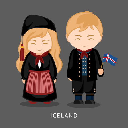 Icelanders In National Dress With A Flag Man And Woman In Traditional Costume Travel To Iceland People Vector Flat Illustration Tasmeemme Com