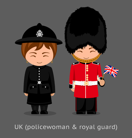 British people. Police woman and royal guard with a flag. Man and woman in traditional costume. Travel to United Kingdom. Vector flat illustration.のイラスト素材