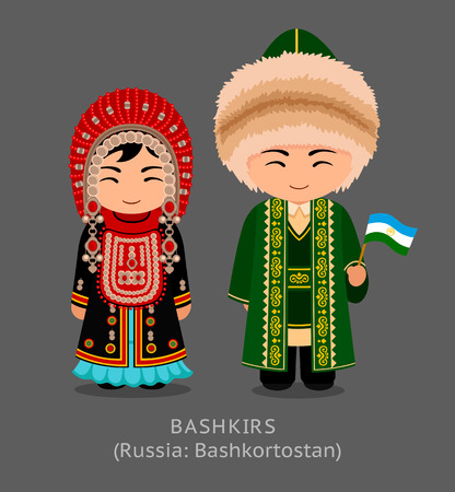 Bashkirs in national dress with a flag. Man and woman in traditional costume. Travel to Russia (Republic of Bashkortostan). People  vector flat illustration.のイラスト素材