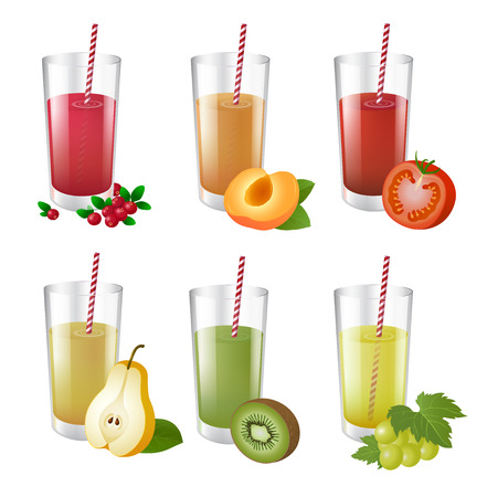 Set of realistic glasses with tasty juice and straw. Vector realistic illustration.のイラスト素材