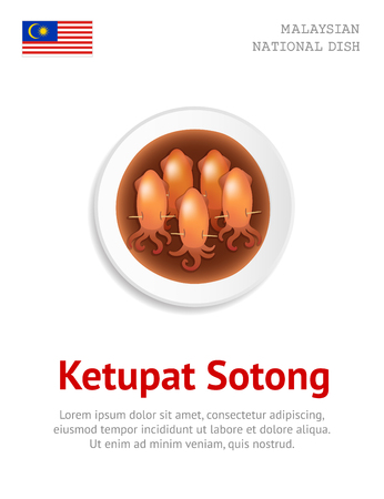 Ketupat Satong, squids stuffed with glutinous rice. Traditional malaysian dish. View from above. Vector flat illustration.のイラスト素材