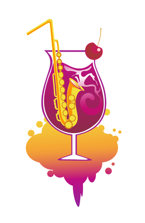 A Cocktail with straws in the form of saxophone. Conceptual design for music bar, restaurant, karaoke, party. Vector illustration.のイラスト素材