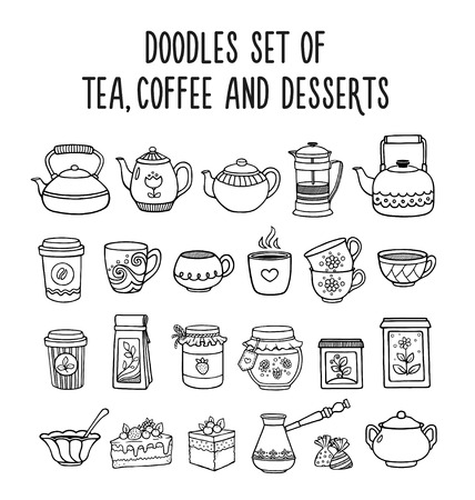 Doodles set of tea, coffee, desserts, sweets. Hand-drawn sketches.Vector illustration.のイラスト素材