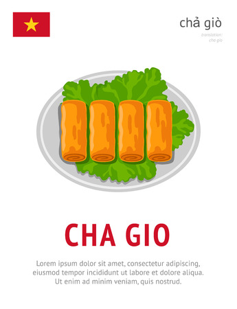 Cha gio. National Vietnamese dish. View from above. Vector flat illustration.のイラスト素材