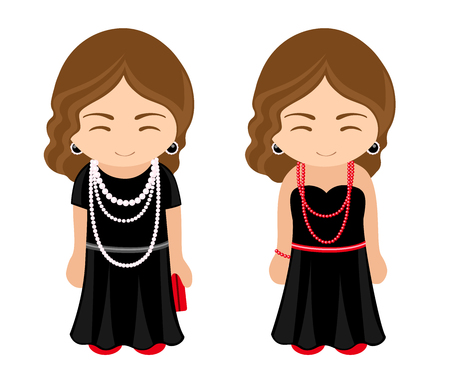Cute french girls in a little black dresses with beads. Vector illustration.のイラスト素材