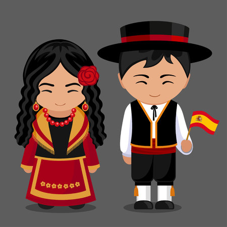 Spanish in national dress with a flag. Boy and girl in traditional costume. Vector flat illustration.のイラスト素材