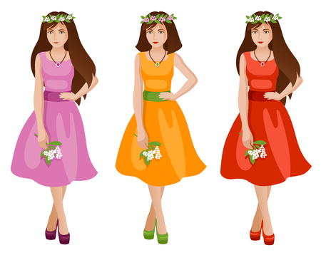 Cute girls in spring or summer fashion dress. Women with a bouquet of flowers. Colored vector illustration.のイラスト素材