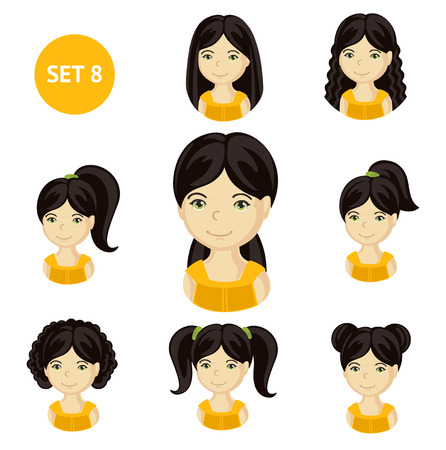 Cute little girls with black hair and various hair style. Set of children's faces. Vector illustration.のイラスト素材