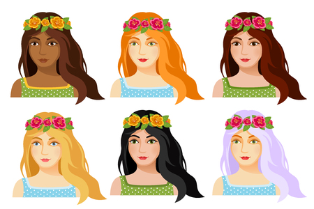 Set of beautiful woman faces with flower diadem. Collection of young girls portraits. Avatars girls with hair of different colors.のイラスト素材