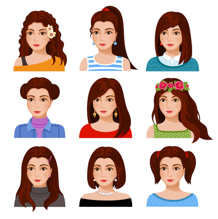 Set of woman faces with various hairstyle. Collection of young girls portraits. Different avatars of brown-haired girls. Vector illustration.のイラスト素材