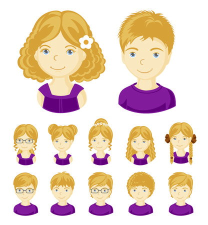 Collection of portraits kids. Children face set. Vector illustration set of different avatars of blonde boys and girls on a white background. Vector illustration.のイラスト素材