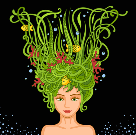 Beautiful young girl with abstract wavy hair on a dark background. Vector colorful illustration for print.のイラスト素材