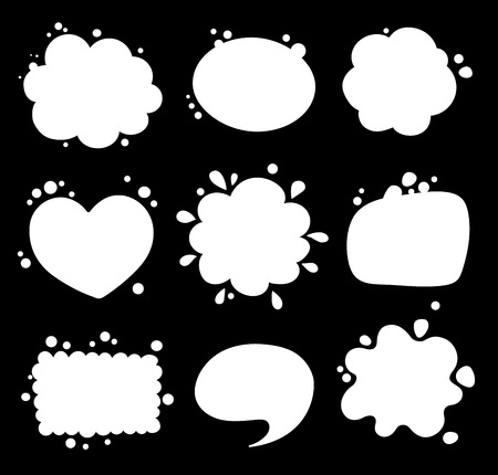 Set of empty white speech bubbles. Collection various blots for message, phrases, words, expressions. White balloons on black background.のイラスト素材