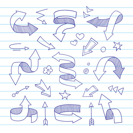 Hand-drawn arrows. Collection of sketched arrow shapes on notepad background. Vector illustration.のイラスト素材