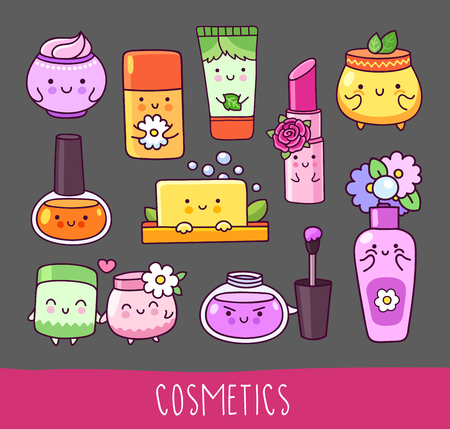 Collection of cosmetics, nail polish, lipstick, lip gloss, cream jar and soap. Cute cartoon hand drawn style. Cartoon charactersのイラスト素材
