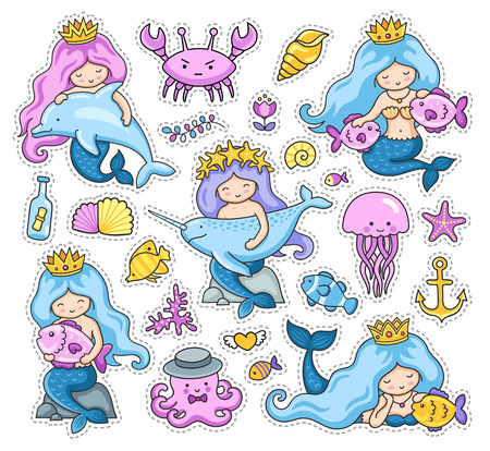 Big set of little mermaids stickers. Crab, jellyfish, octopus, dolphin and narwhal. Under the sea. Set of cartoon patches, badges, pins and prints. Doodle style. Vector illustration.のイラスト素材
