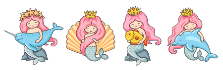 Set of beautiful little mermaids with pink hair. Dolphin, narwhal, fish. Cartoon characters. Vector illustrations.のイラスト素材