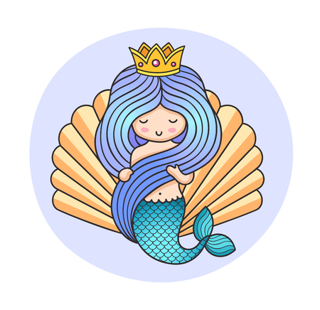 Queen mermaid on a background of a seashell. Cartoon character for poster, postcard, invitation. Colorful illustration. Print for kids, children, babies fashion and clothes.のイラスト素材